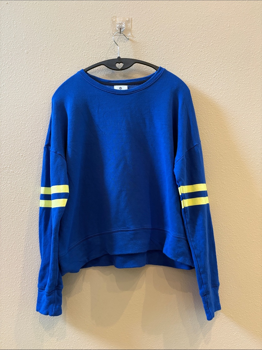 Sundry Cobalt Blue Women's Crewneck Sweatshirt with Neon Yellow Sleeve Stripes